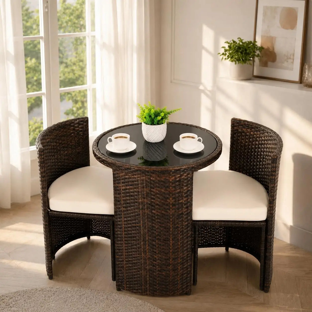 3-Piece Brown Rattan Patio Furniture Set – Cushioned Wicker Chairs with Glass-Top Coffee Table, Weather-Resistant Outdoor Seating for Garden, Balcony & Terrace**