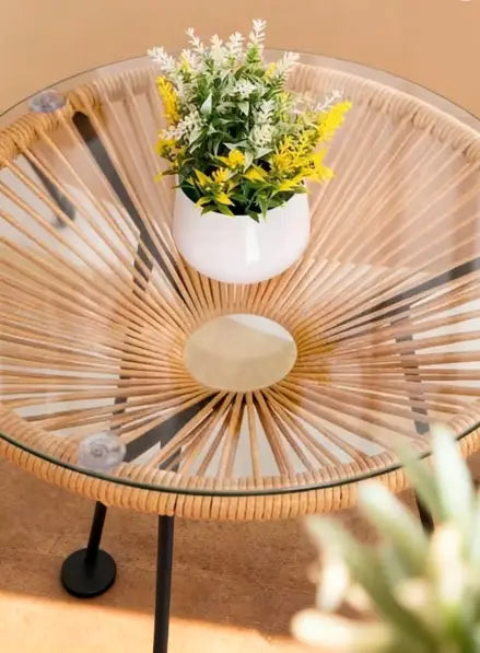 3-Piece Outdoor Rattan Lounge Chair Set with Glass Coffee Table – Beige Acapulco Chairs for Patio, Balcony, Poolside & Villa Garden