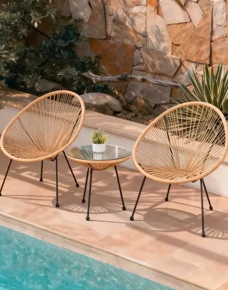 3-Piece Outdoor Rattan Lounge Chair Set with Glass Coffee Table – Beige Acapulco Chairs for Patio, Balcony, Poolside & Villa Garden