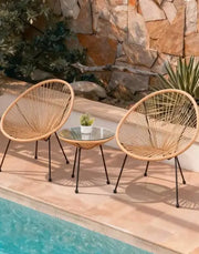 3-Piece Outdoor Rattan Lounge Chair Set with Glass Coffee Table – Beige Acapulco Chairs for Patio, Balcony, Poolside & Villa Garden