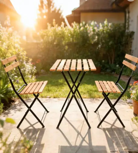 3 Piece Patio Wood Outdoor Furniture Set, includes 2 Foldable Chairs and 1 Foldable Square Table, perfect for outdoor, balcony and backyard