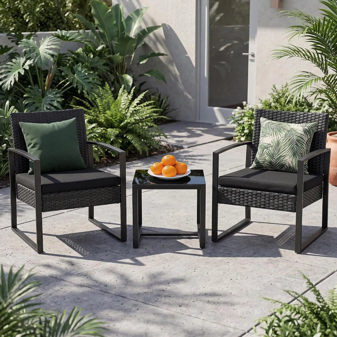 3-Piece Rattan Outdoor Furniture Set – 2 Cushioned Chairs with Coffee Table for Balcony, Garden, Patio & Terrace