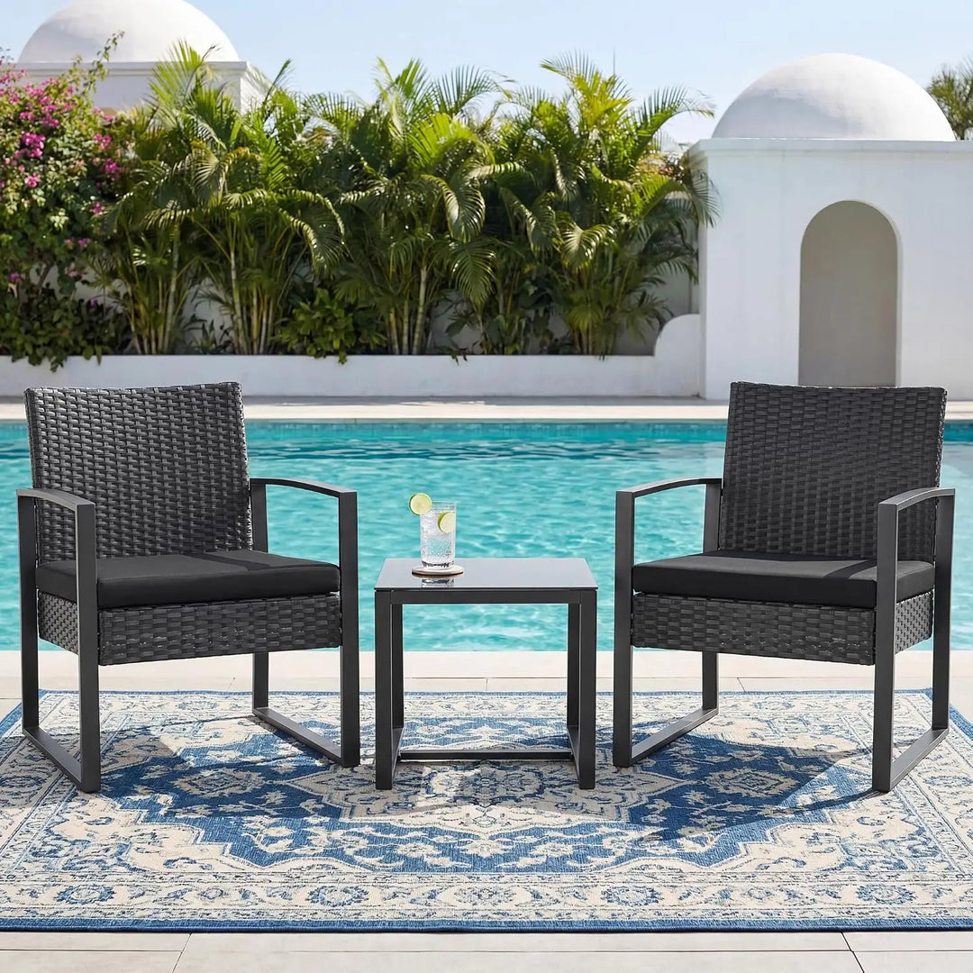 3-Piece Rattan Outdoor Furniture Set – 2 Cushioned Chairs with Coffee Table for Balcony, Garden, Patio & Terrace
