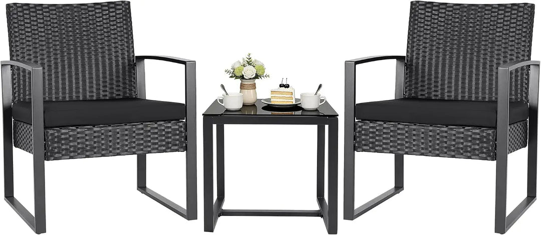 3-Piece Rattan Outdoor Furniture Set – 2 Cushioned Chairs with Coffee Table for Balcony, Garden, Patio & Terrace