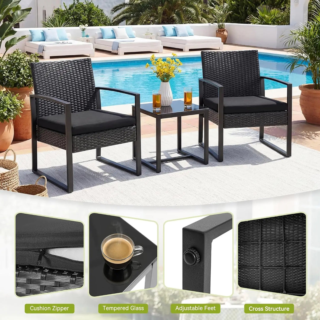 3-Piece Rattan Outdoor Furniture Set – 2 Cushioned Chairs with Coffee Table for Balcony, Garden, Patio & Terrace