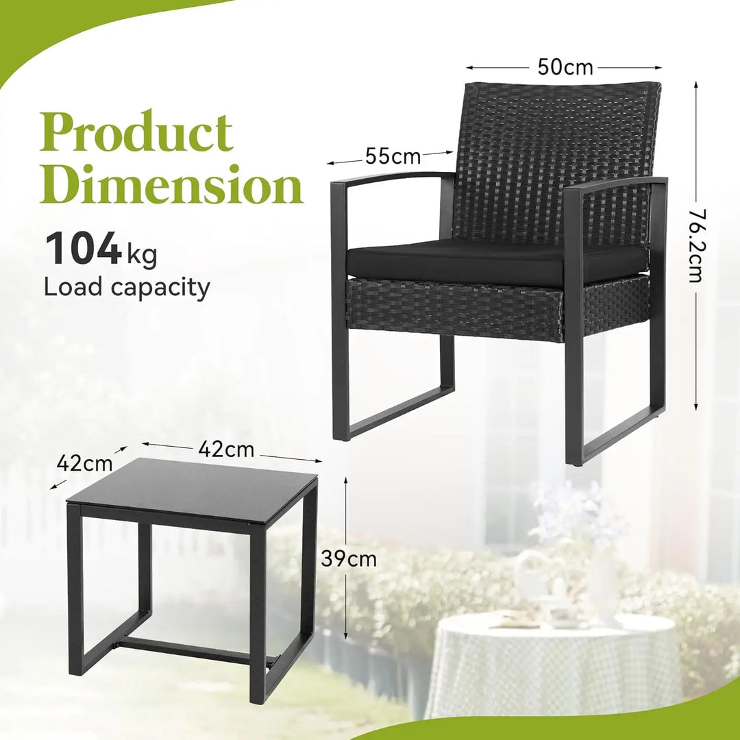 3-Piece Rattan Outdoor Furniture Set – 2 Cushioned Chairs with Coffee Table for Balcony, Garden, Patio & Terrace