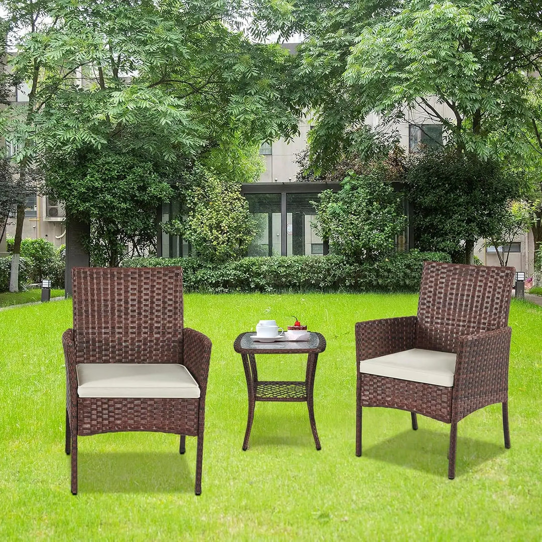 3-Piece White Rattan Outdoor Furniture Set – Wicker Chairs with Washable Cushions for Patio, Garden, Balcony & Backyard**