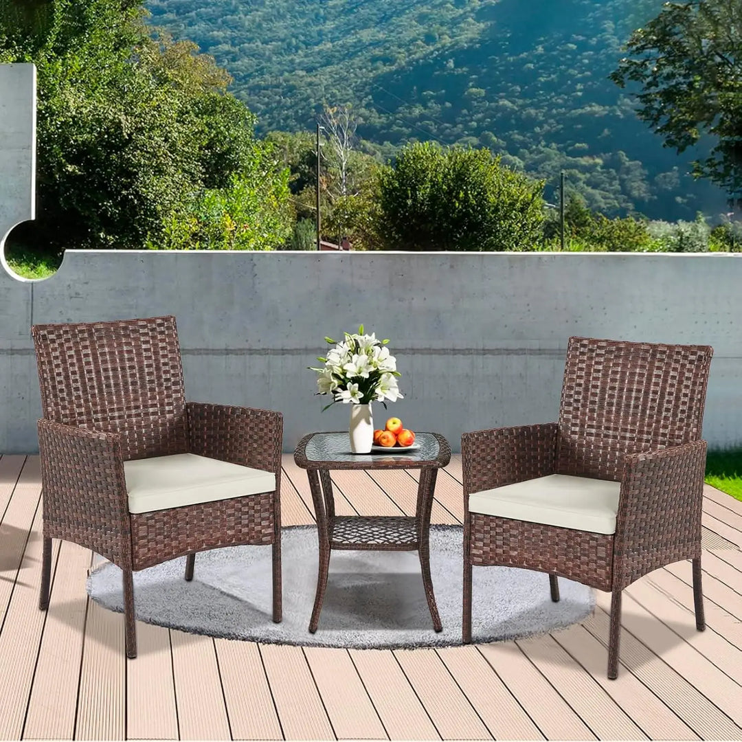 3-Piece White Rattan Outdoor Furniture Set – Wicker Chairs with Washable Cushions for Patio, Garden, Balcony & Backyard**