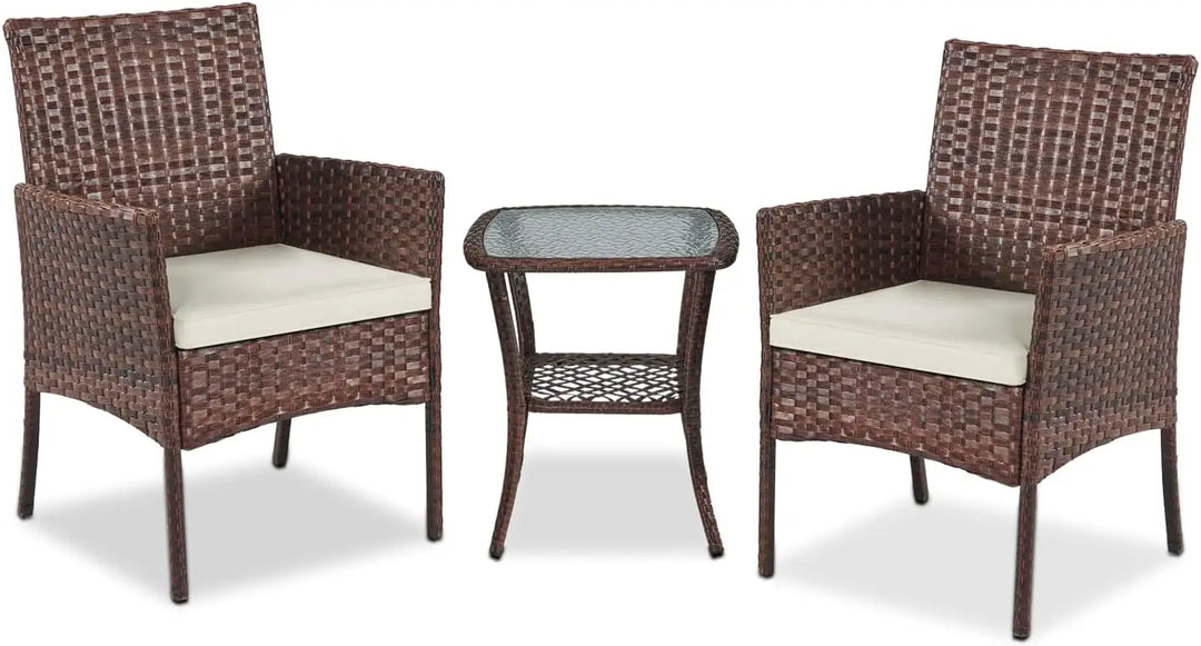 3-Piece White Rattan Outdoor Furniture Set – Wicker Chairs with Washable Cushions for Patio, Garden, Balcony & Backyard**