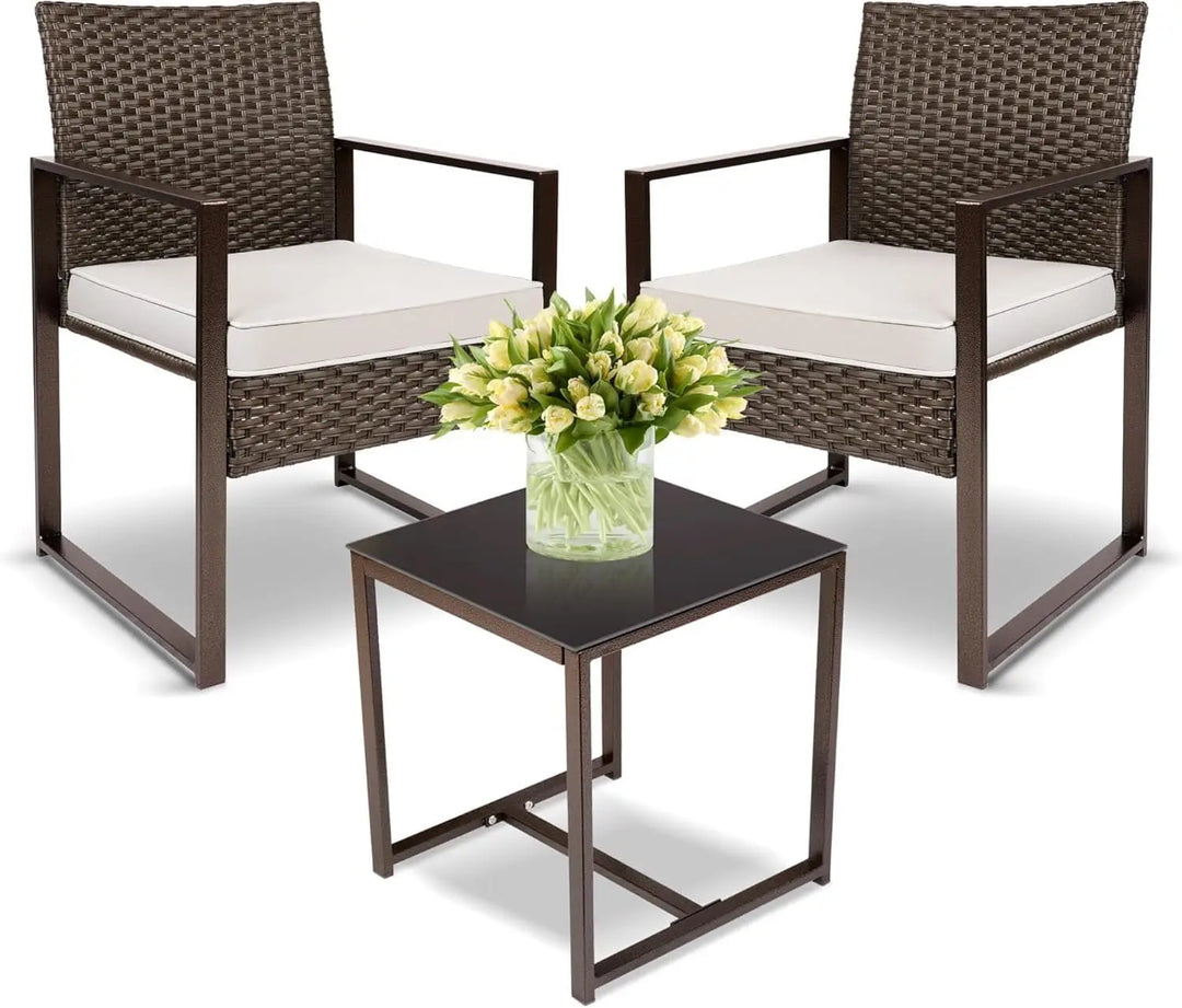 3-Piece White Rattan Patio Furniture Set – Outdoor Wicker Sofa & Chairs with Coffee Table and Washable Cushions for Garden & Balcony**