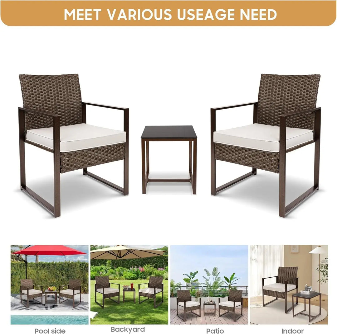 3-Piece White Rattan Patio Furniture Set – Outdoor Wicker Sofa & Chairs with Coffee Table and Washable Cushions for Garden & Balcony**
