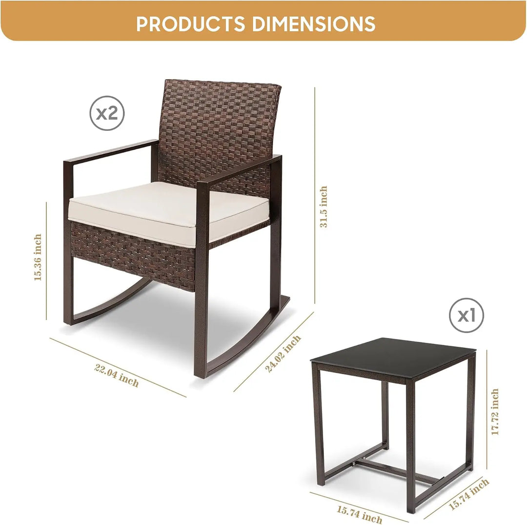 3-Piece White Wicker Rocking Bistro Set – Outdoor Rocker Chairs with Washable Cushions & Coffee Table for Patio, Garden & Balcony**