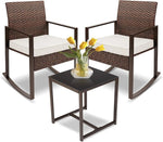 Load image into Gallery viewer, 3-Piece White Wicker Rocking Bistro Set – Outdoor Rocker Chairs with Washable Cushions &amp; Coffee Table for Patio, Garden &amp; Balcony**