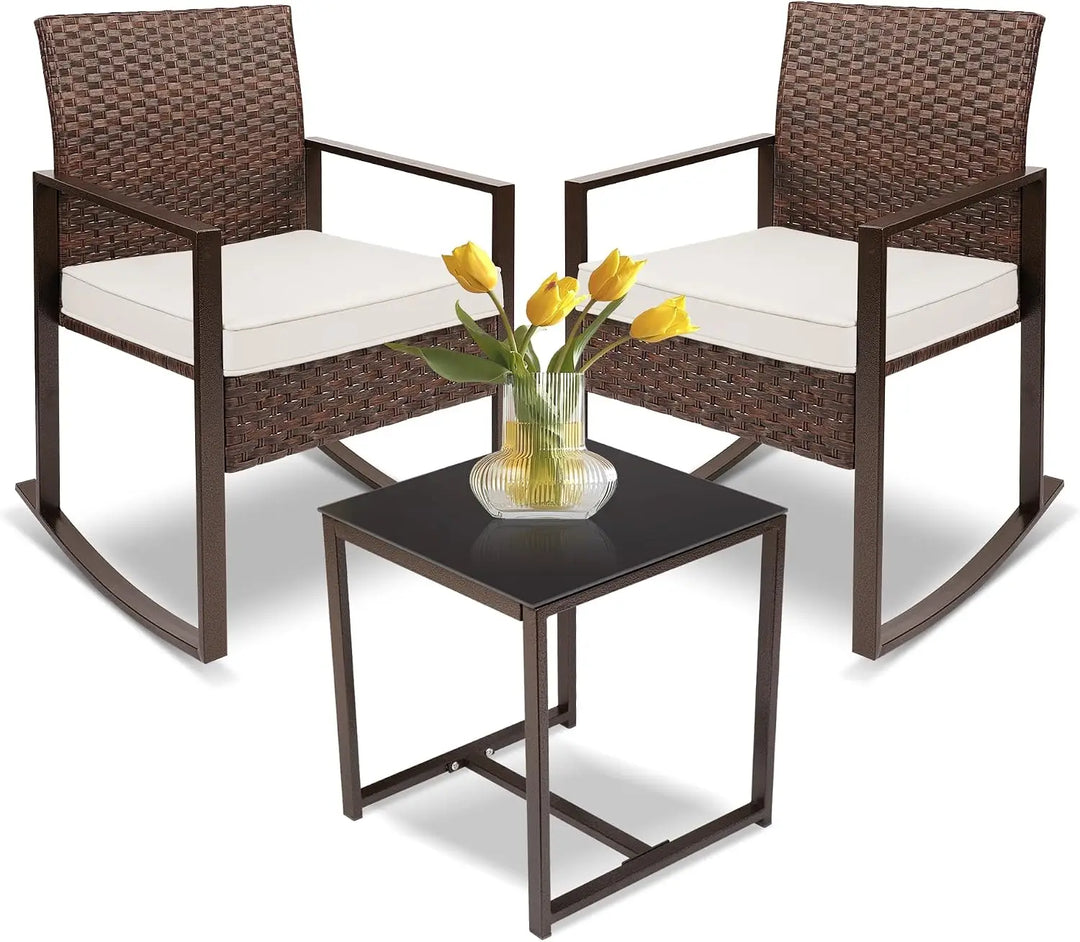 3-Piece White Wicker Rocking Bistro Set – Outdoor Rocker Chairs with Washable Cushions & Coffee Table for Patio, Garden & Balcony**