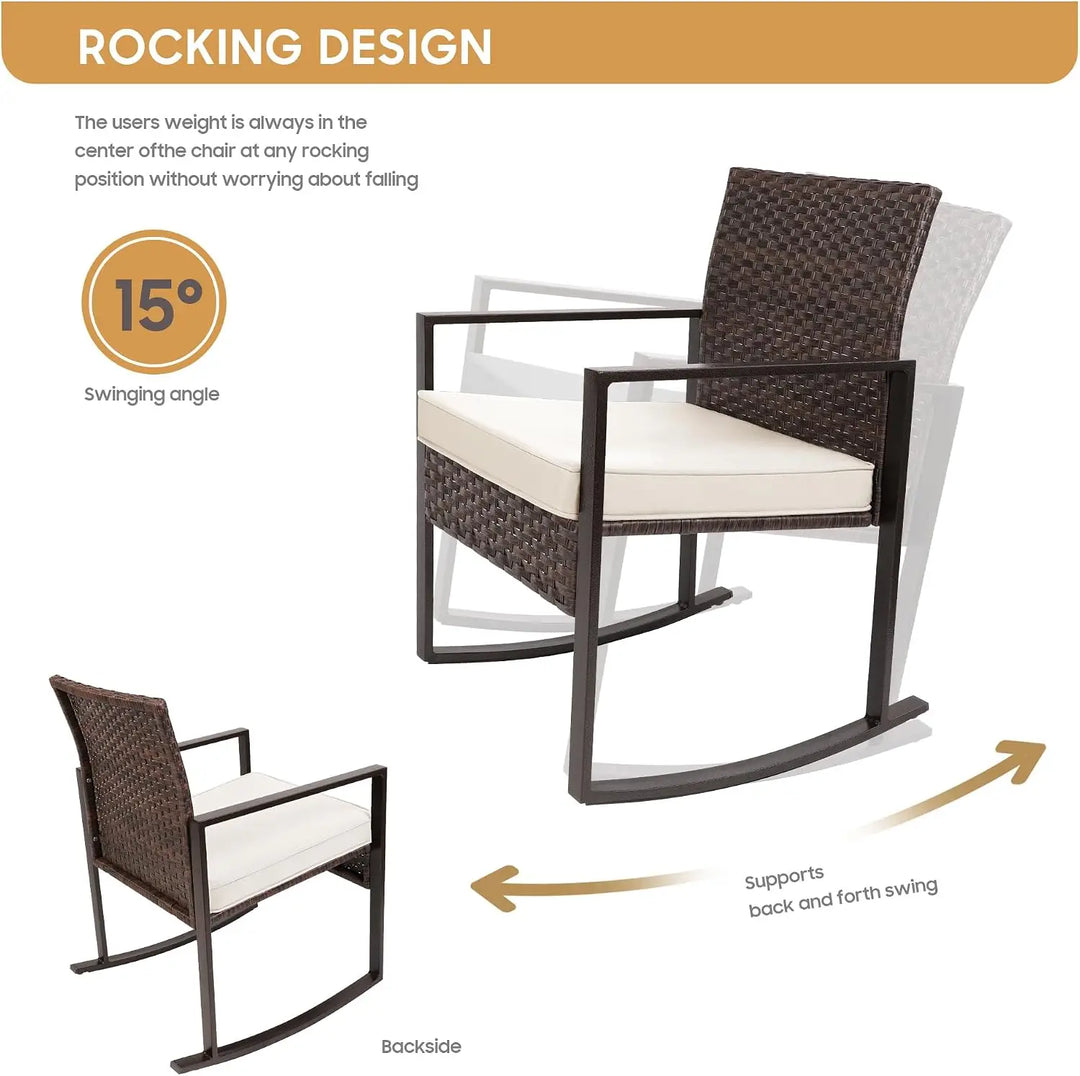 3-Piece White Wicker Rocking Bistro Set – Outdoor Rocker Chairs with Washable Cushions & Coffee Table for Patio, Garden & Balcony**