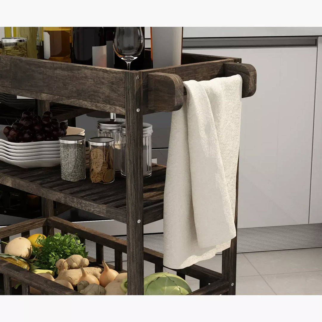 3-Tier Acacia Wood Kitchen Trolley with Wheels