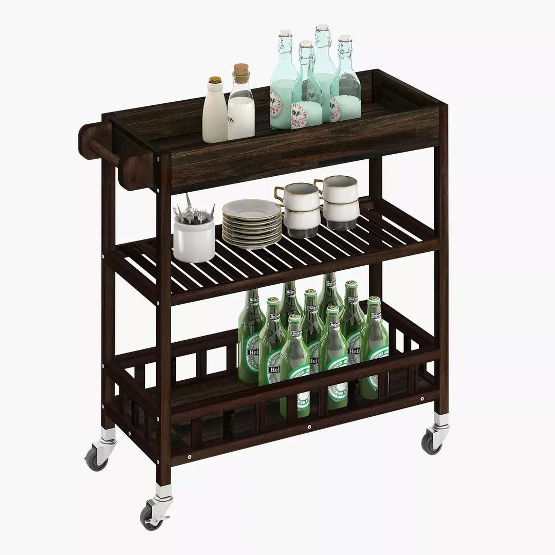 3-Tier Acacia Wood Kitchen Trolley with Wheels