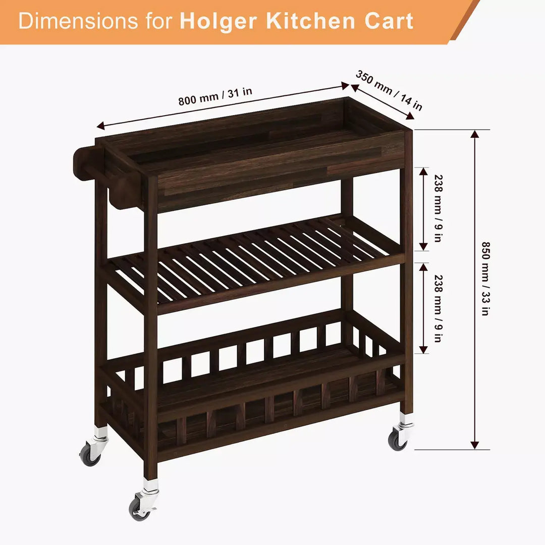 3-Tier Acacia Wood Kitchen Trolley with Wheels