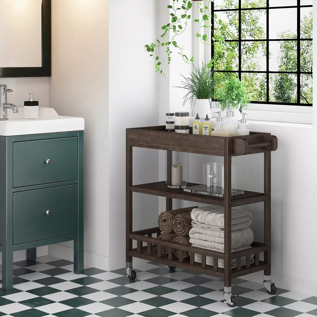 3-Tier Acacia Wood Kitchen Trolley with Wheels