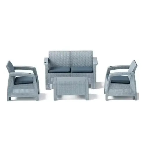4-Seater Outdoor Sofa Set with Coffee Table & Grey Cushions – Rattan-Style Weather-Resistant Patio Furniture
