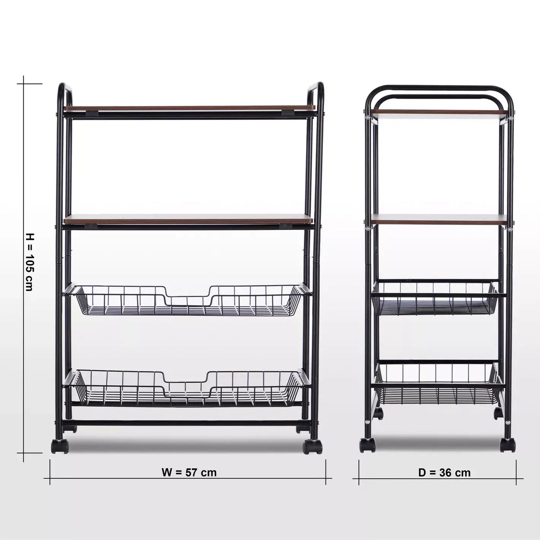 4-Tier Rolling Kitchen Storage Trolley with 2 Shelves & 2 Mesh Baskets – Space-Saving Organizer Cart