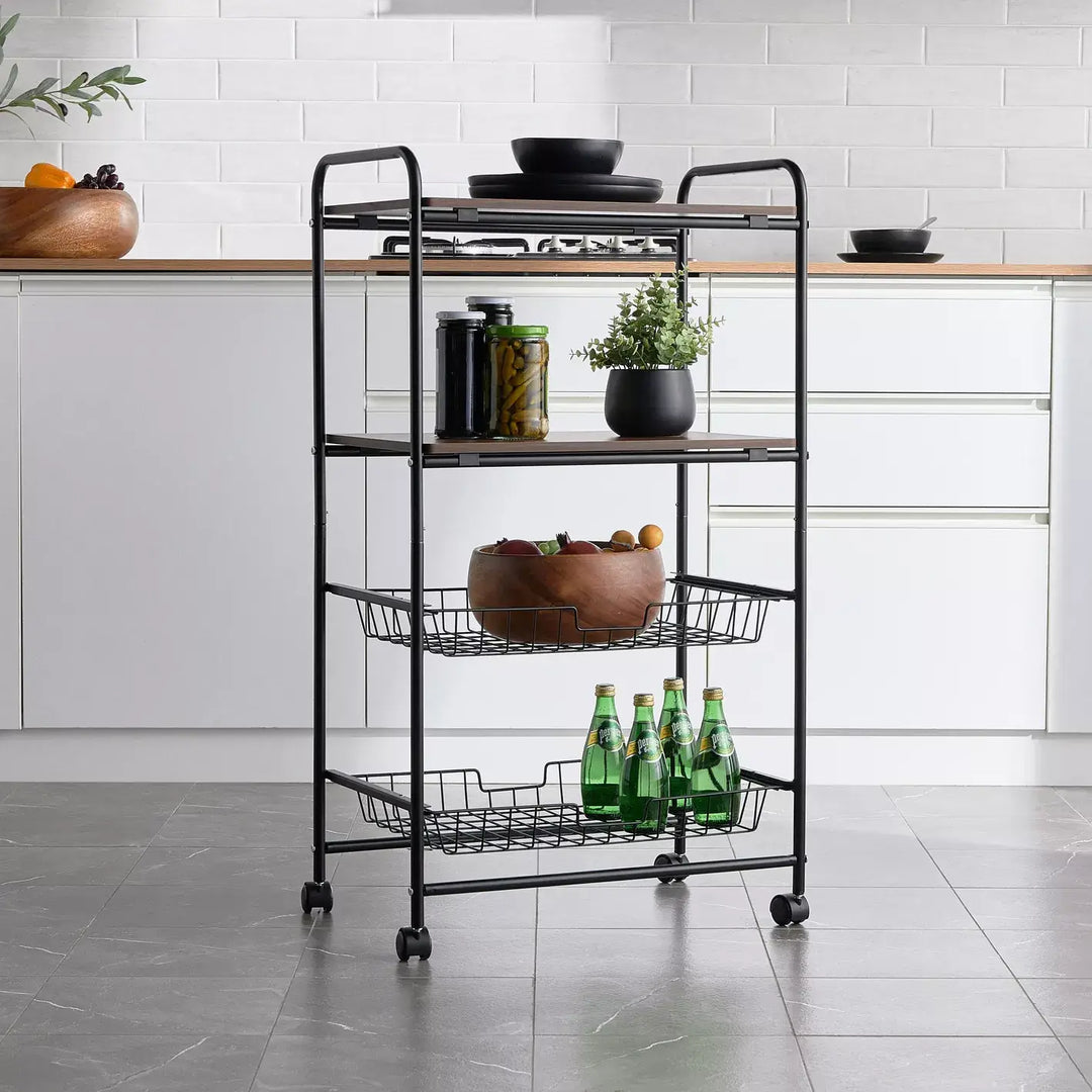 4-Tier Rolling Kitchen Storage Trolley with 2 Shelves & 2 Mesh Baskets – Space-Saving Organizer Cart