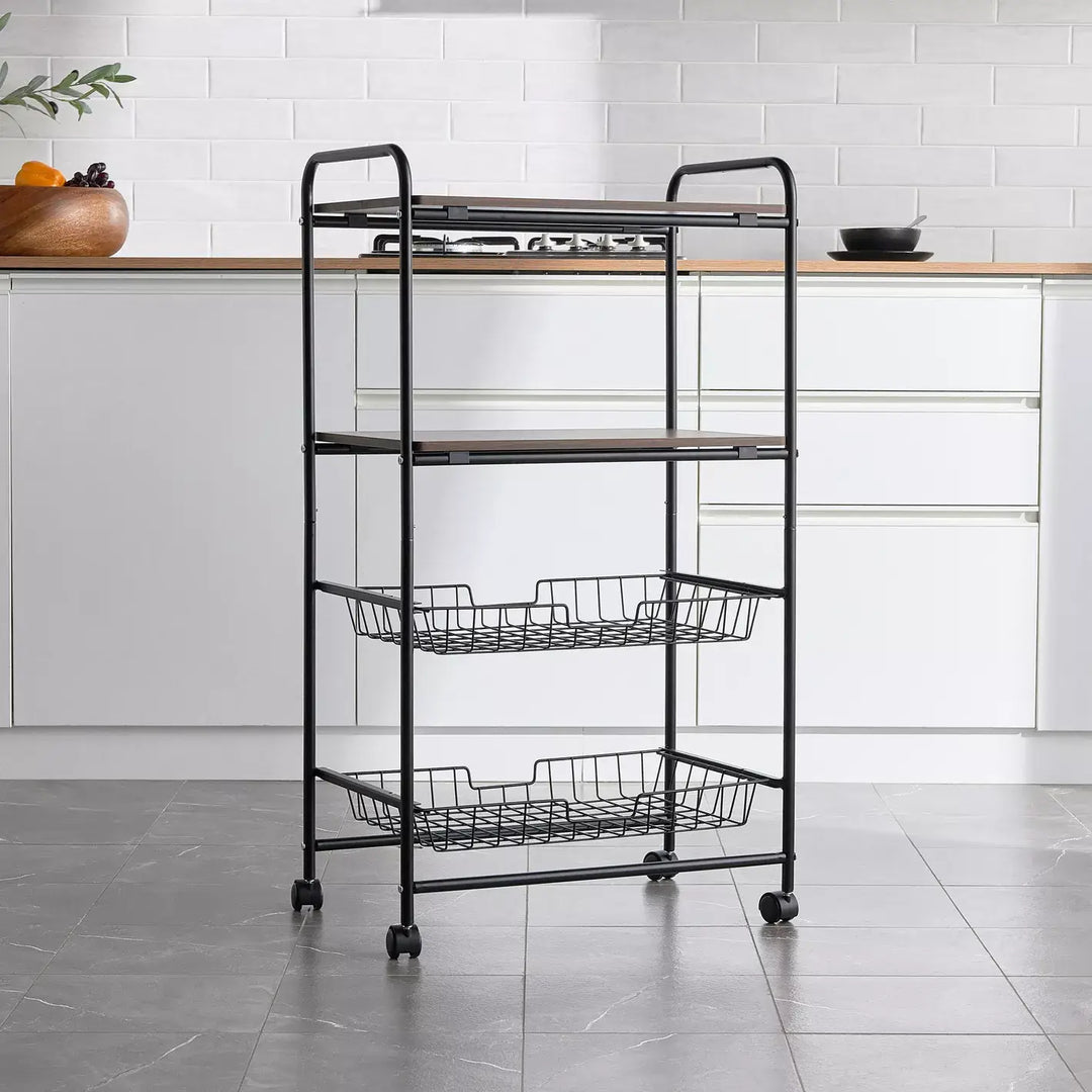4-Tier Rolling Kitchen Storage Trolley with 2 Shelves & 2 Mesh Baskets – Space-Saving Organizer Cart
