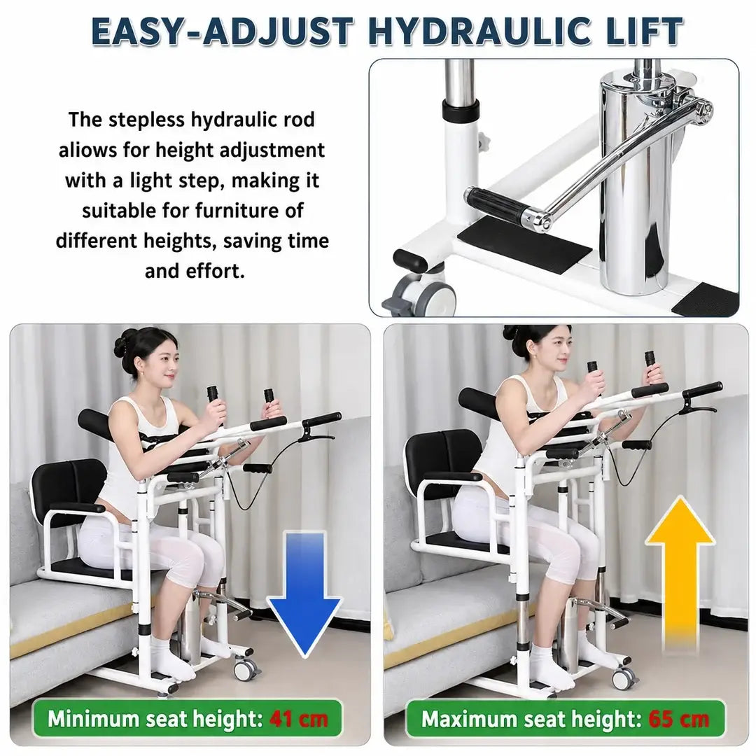 5-in-1 Hydraulic Patient Lifter, Portable Nursing Wheelchair with 180° Split Seat, Adjustable Height, Bedpan & Foot Brake – 440lbs Capacity