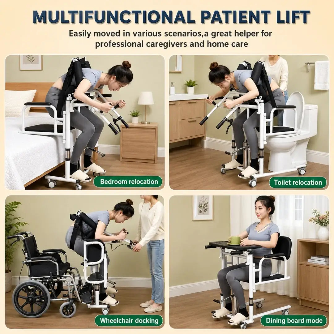 5-in-1 Hydraulic Patient Lifter, Portable Nursing Wheelchair with 180° Split Seat, Adjustable Height, Bedpan & Foot Brake – 440lbs Capacity