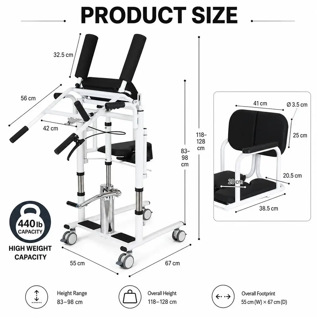 5-in-1 Hydraulic Patient Lifter, Portable Nursing Wheelchair with 180° Split Seat, Adjustable Height, Bedpan & Foot Brake – 440lbs Capacity