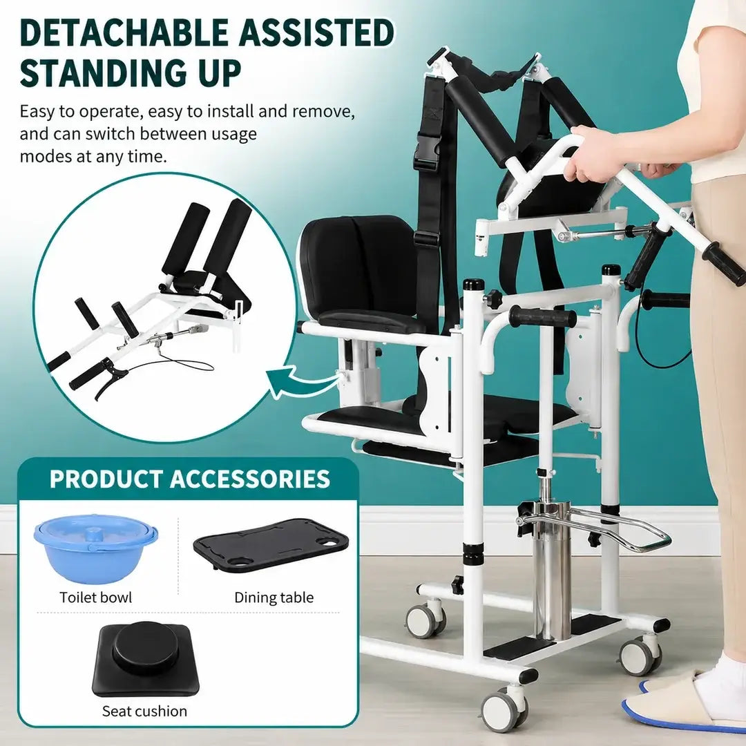 5-in-1 Hydraulic Patient Lifter, Portable Nursing Wheelchair with 180° Split Seat, Adjustable Height, Bedpan & Foot Brake – 440lbs Capacity
