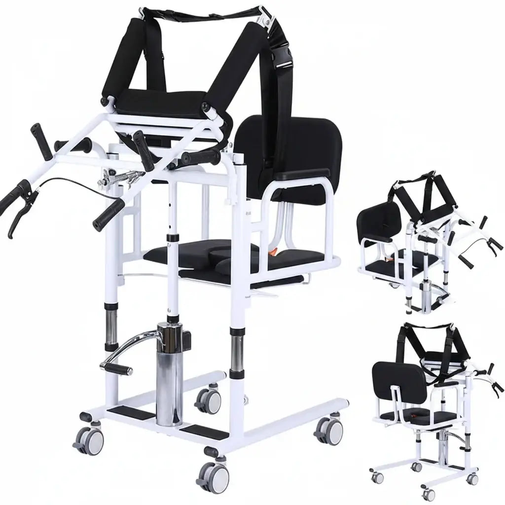 5-in-1 Hydraulic Patient Lifter, Portable Nursing Wheelchair with 180° Split Seat, Adjustable Height, Bedpan & Foot Brake – 440lbs Capacity