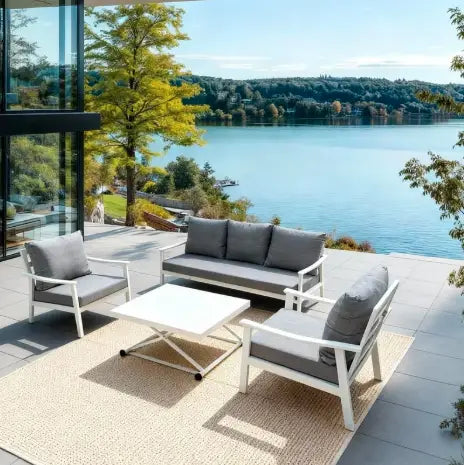 5-Piece Aluminum Outdoor Sofa Set with Up and Down Table ,Waterproof Beige Cushions, Patio Furniture For Garden,Balcony And Villa