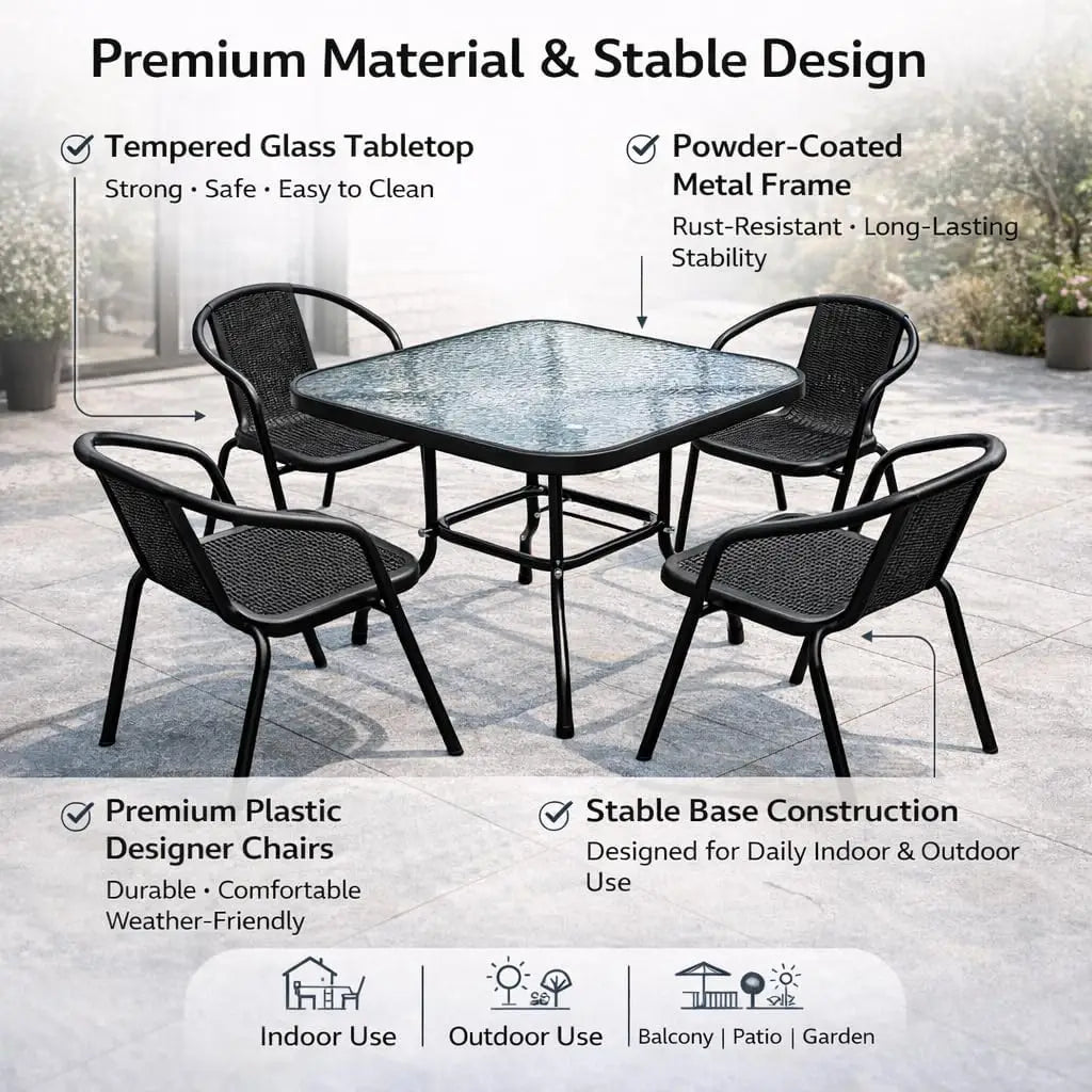 5-Piece Black Garden Dining Set – Outdoor Table with Tempered Glass Top & 4 Designer Chairs, Weather-Resistant Patio, Balcony & Terrace Furniture**