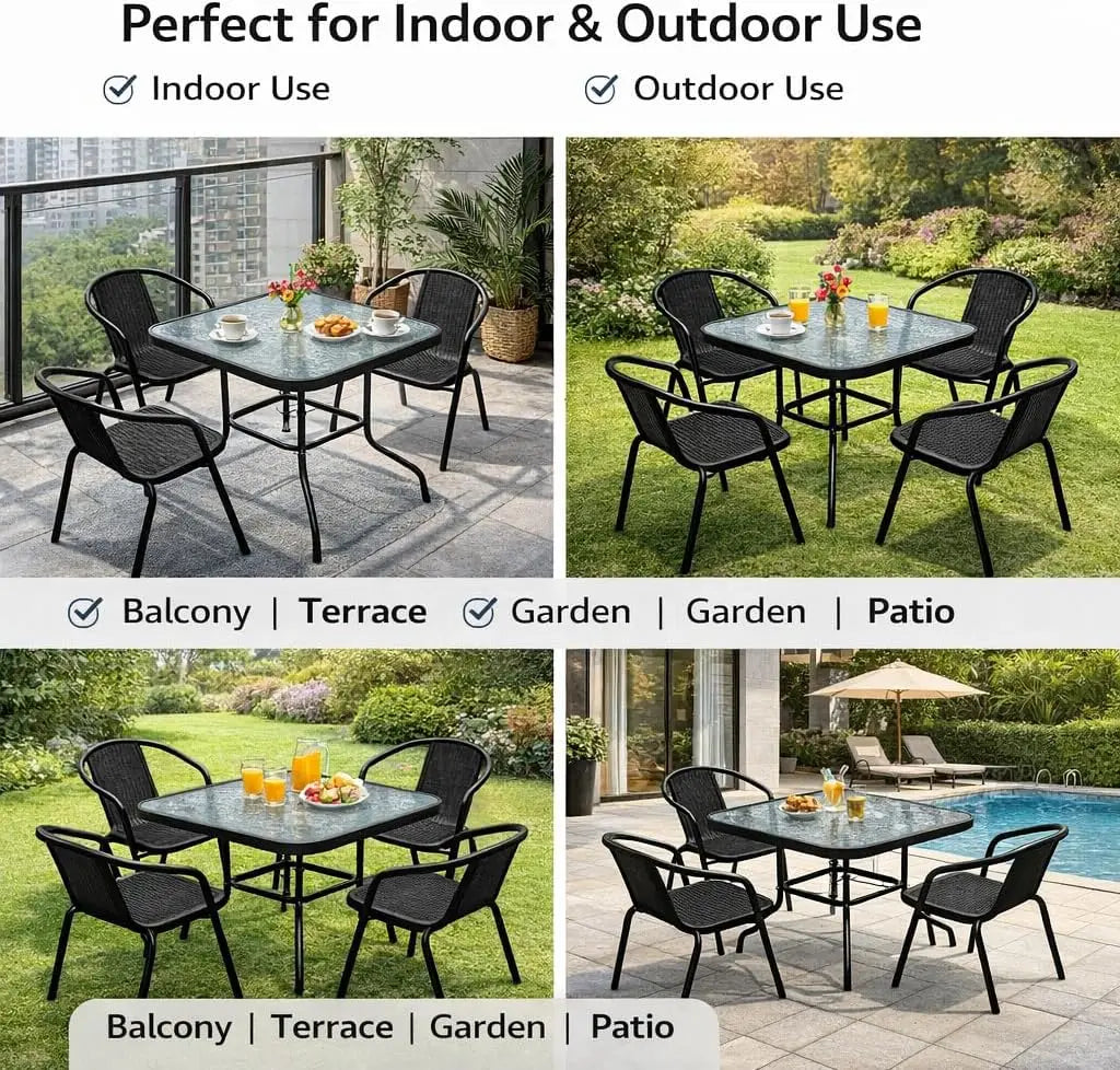 5-Piece Black Garden Dining Set – Outdoor Table with Tempered Glass Top & 4 Designer Chairs, Weather-Resistant Patio, Balcony & Terrace Furniture**