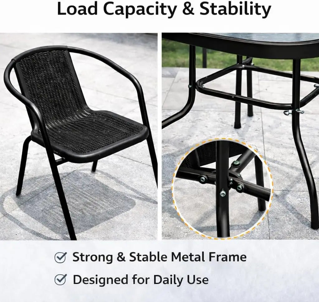 5-Piece Black Garden Dining Set – Outdoor Table with Tempered Glass Top & 4 Designer Chairs, Weather-Resistant Patio, Balcony & Terrace Furniture**