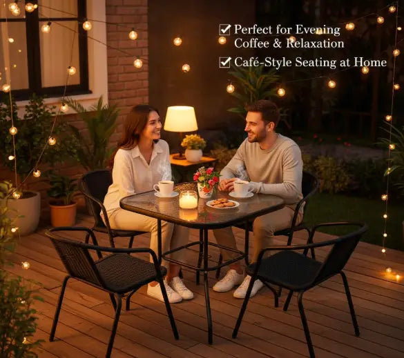 5-Piece Black Garden Dining Set – Outdoor Table with Tempered Glass Top & 4 Designer Chairs, Weather-Resistant Patio, Balcony & Terrace Furniture**