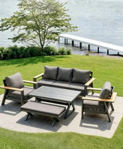 5-Seater Aluminum Outdoor Sofa Set with High Dining Table & Bench – Weather-Resistant Patio Furniture for Garden, Balcony & Poolside