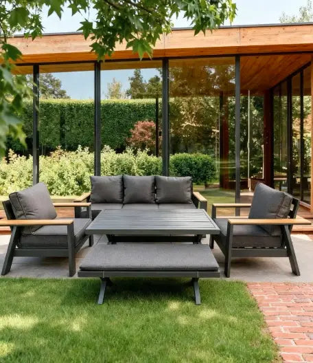 5-Seater Aluminum Outdoor Sofa Set with High Dining Table & Bench – Weather-Resistant Patio Furniture for Garden, Balcony & Poolside