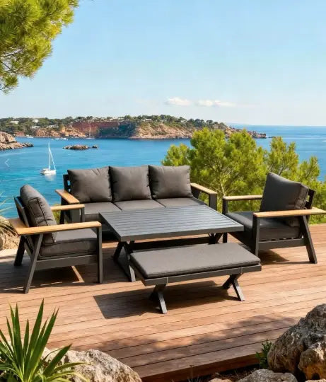 5-Seater Aluminum Outdoor Sofa Set with High Dining Table & Bench – Weather-Resistant Patio Furniture for Garden, Balcony & Poolside