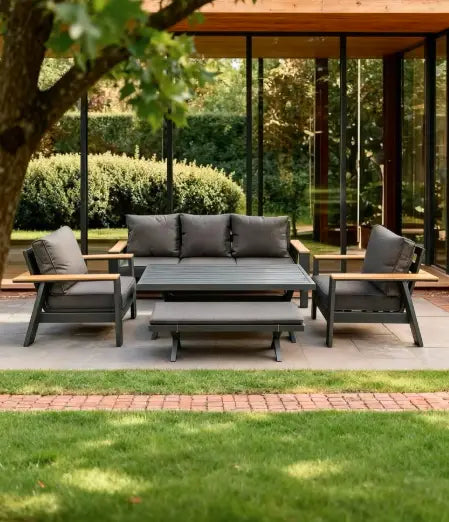 5-Seater Aluminum Outdoor Sofa Set with High Dining Table & Bench – Weather-Resistant Patio Furniture for Garden, Balcony & Poolside
