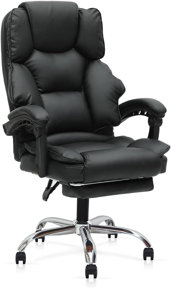 Executive Office Gaming Chair PU Leather 360° Swivel Desk Chair, High Back & Adjustable Height Computer Table Chair, Soft Foam Gaming Study Chair Lumbar Support with Footrest (Black)