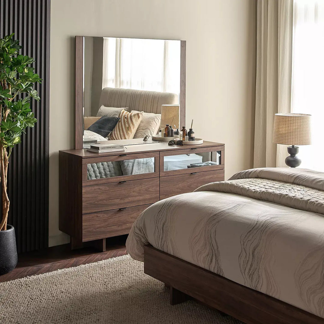 6-Drawer Dresser With Mirror, Elegant Design Wood Dressing Table With Glass On The Drawers-GCC Home Center