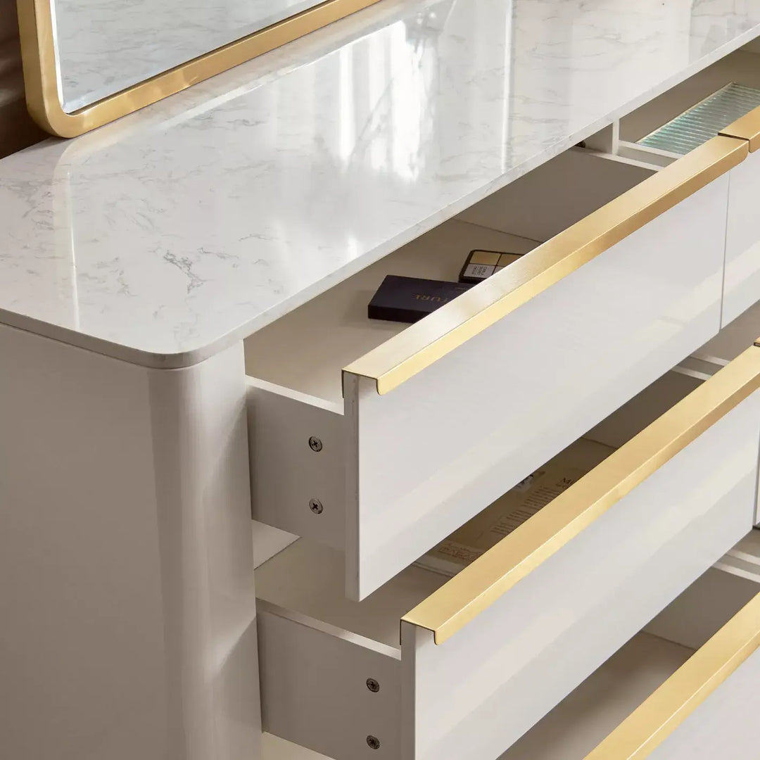 6-Drawer Dresser with Mirror, Modern Vanity Table With Gold Metal Legs-GCC Home Center