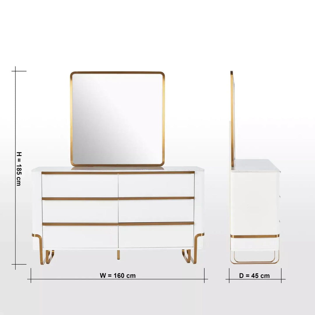 6-Drawer Dresser with Mirror, Modern Vanity Table With Gold Metal Legs-GCC Home Center