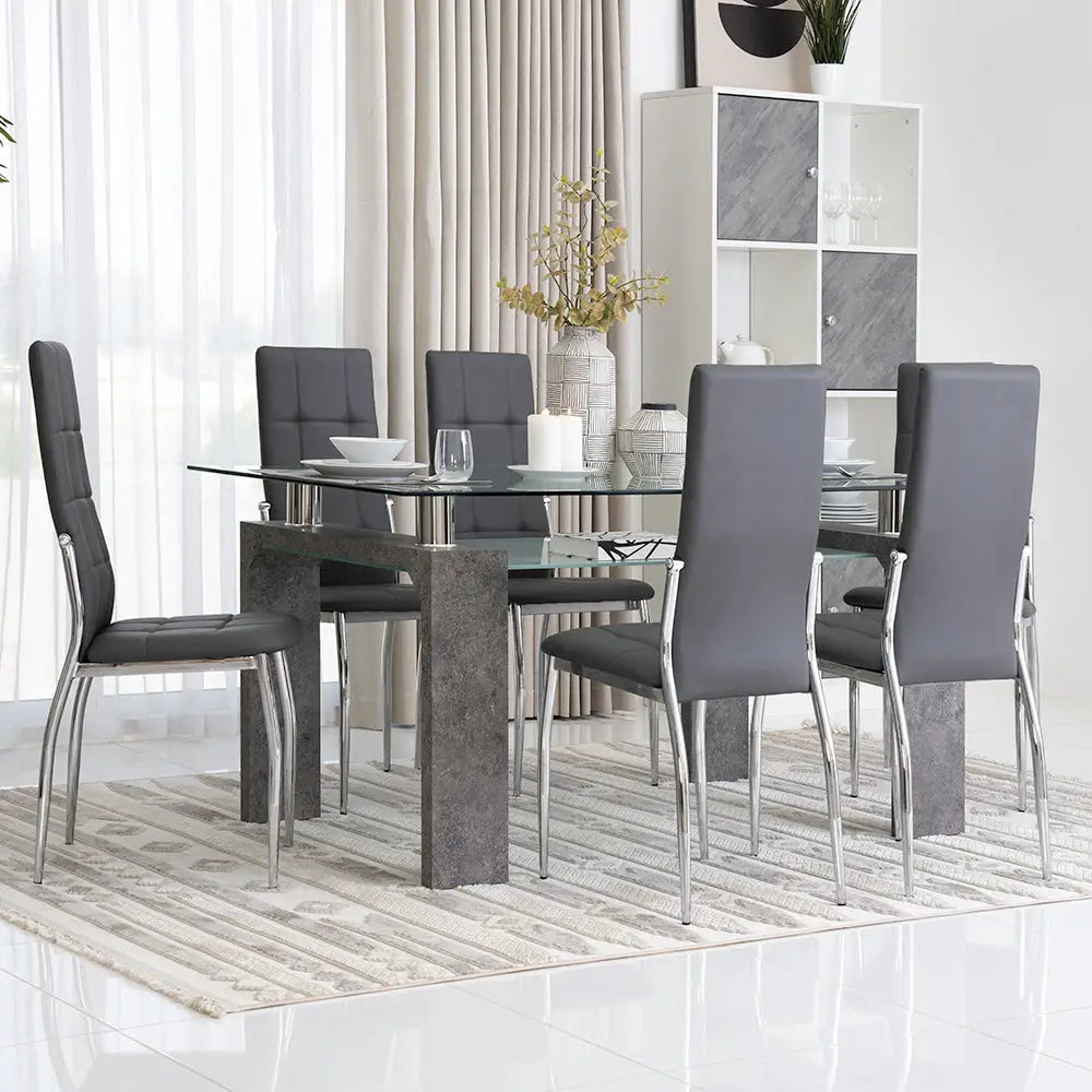 6-Seater Dining Set – Tempered Glass & Faux Leather
