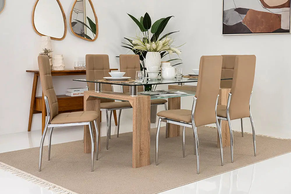 6-Seater Dining Set – Tempered Glass & Faux Leather