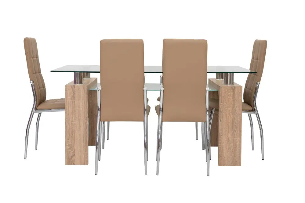 6-Seater Dining Set – Tempered Glass & Faux Leather