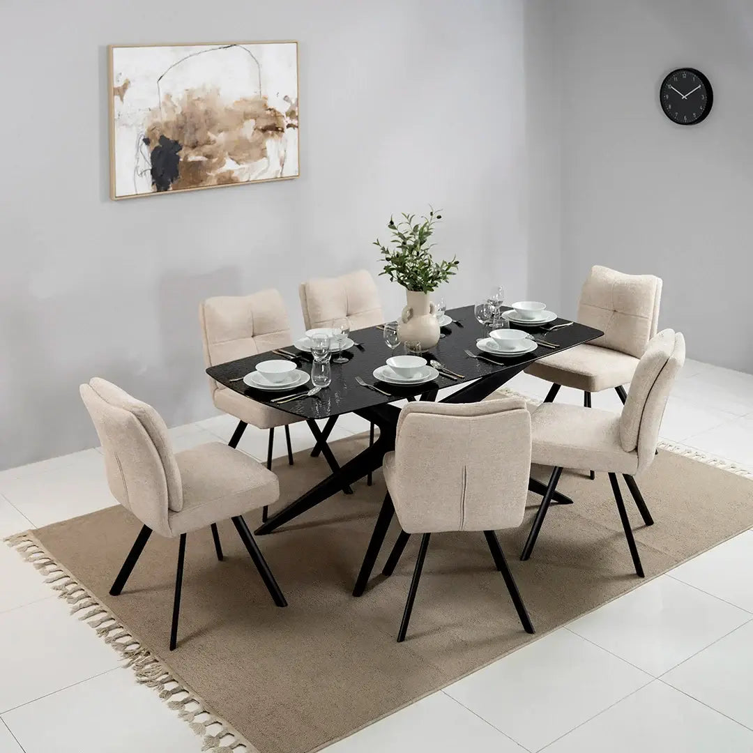 6-Seater Glass Top Dining Set – Black & Beige