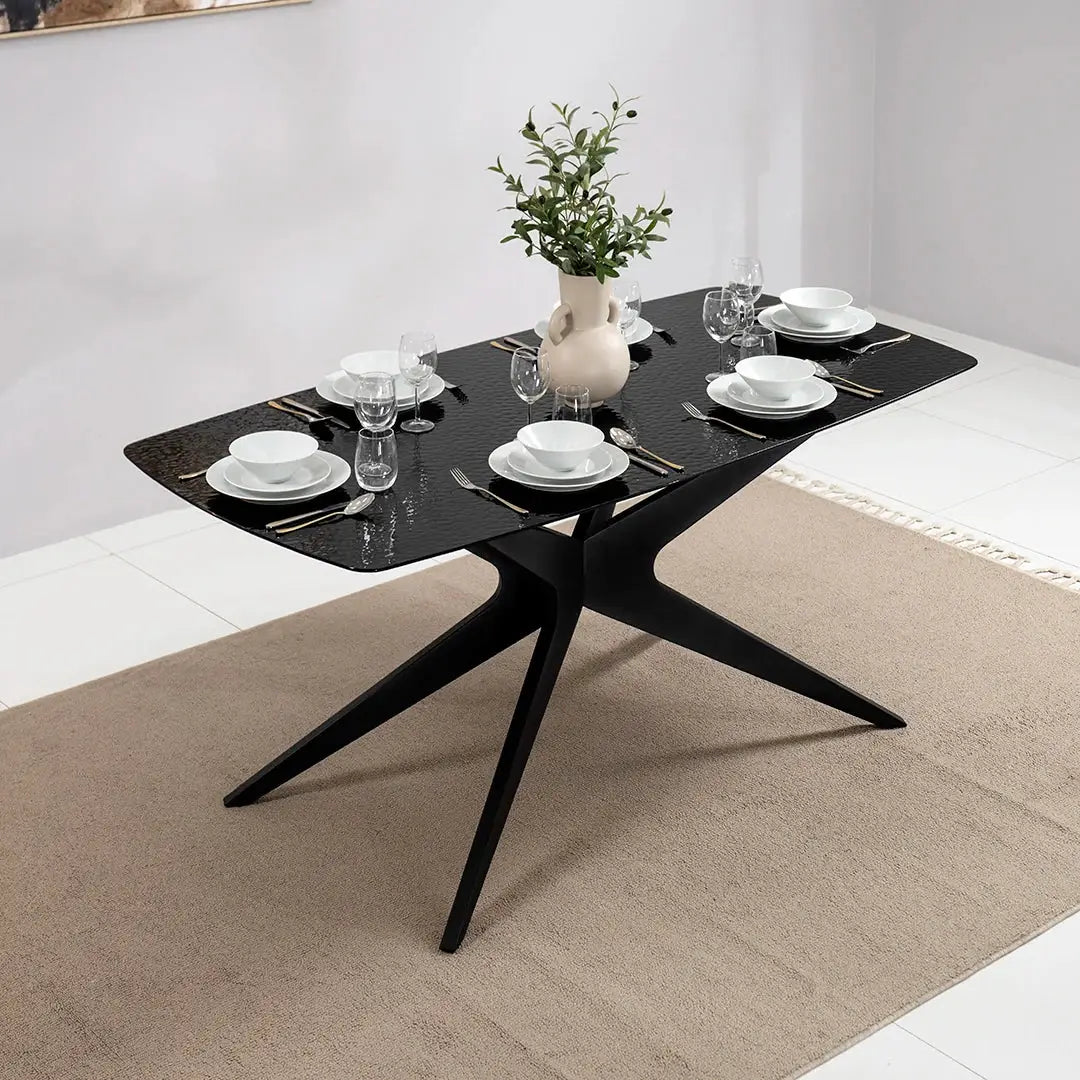 6-Seater Glass Top Dining Set – Black & Beige